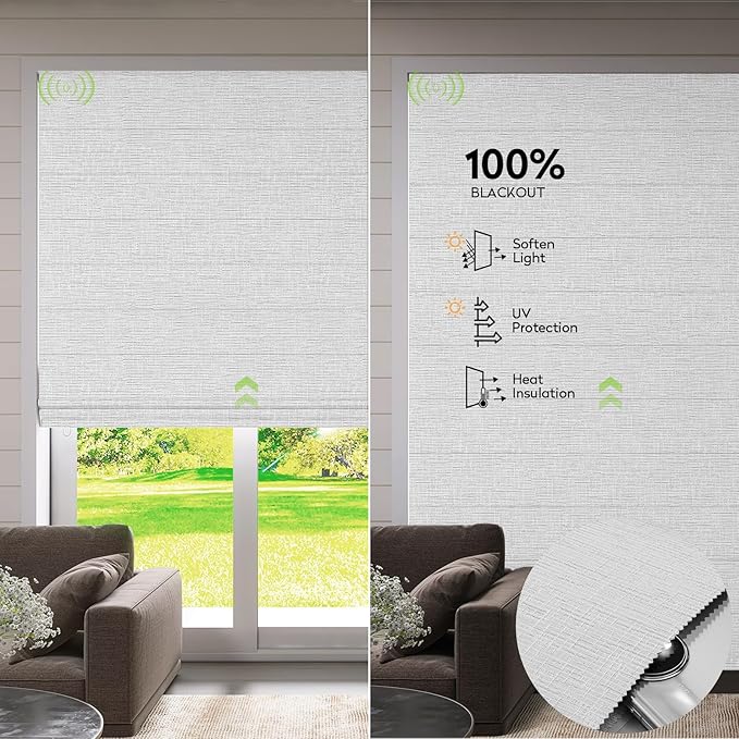 ZSTARR Smart Roman Shades Rechargeable Motorized Blinds with Remote Full Blackout Roman Window Shades Plain Fold Soft for Doors Bedroom, Custom Size (White)