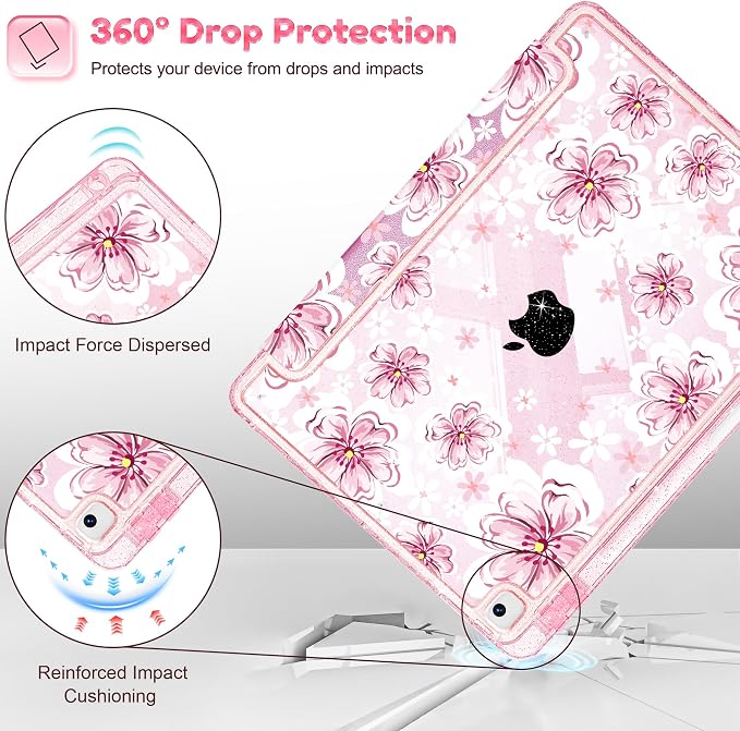 Mektron Sparkly Case for iPad 10.2 inch Glitter Tablet Cases for iPad 9th Gen 2021/8th Gen 2020/7th Gen 2019 Cover with Shiny Clear Back Shell Foldable Bling Smart Cover Blue Floral