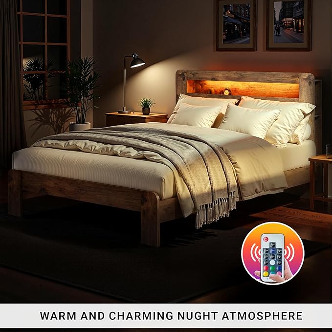 Wood King Size Bed Frame with Headboard, Farmhouse Platform Bed Frame with Bookcase Shelf,LED Lights,Charging Station,Heavy Duty Supports,No Box Spring Needed,Dark Brown
