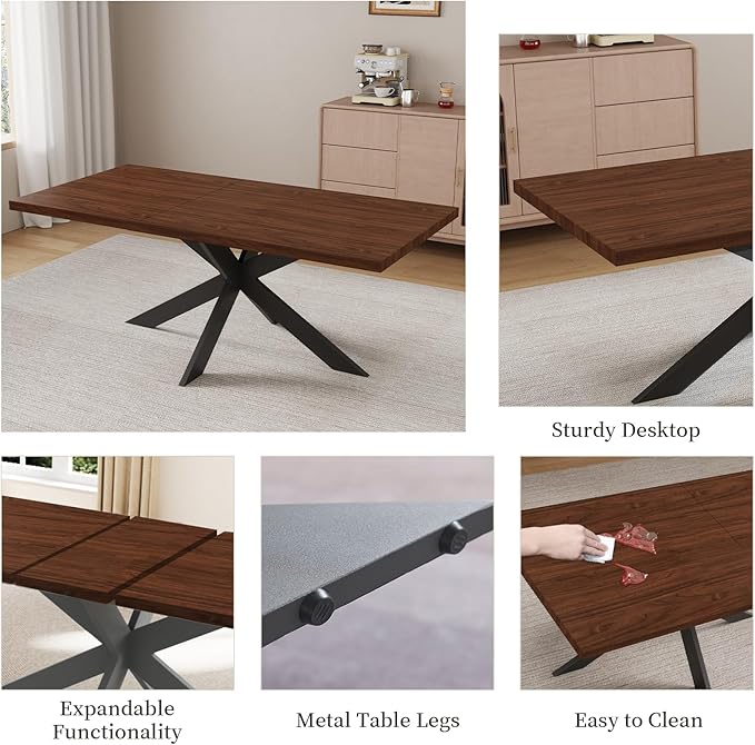 5-Piece Dining Table Set with 51"-67" Extendable Walnut Wood Table and 4 Brown PU Leather Chairs, Modern Rectangular Kitchen Table Set with Metal Legs, Space Saving Dining Room Furniture for 4