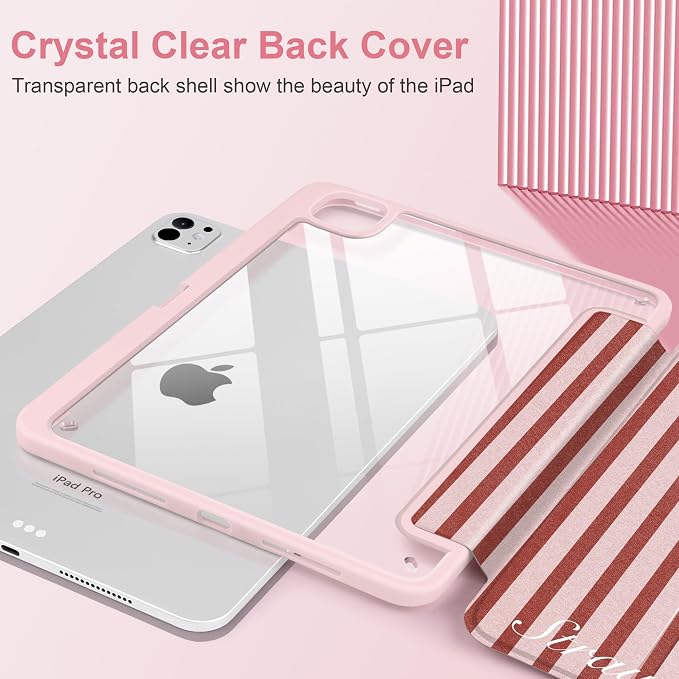 Case for iPad Pro 11 inch M5 2025 /M4 2024 Blue Ribbon Stripe | Blue Ribbon Stripe Folio Case with Clear Back Pencil Holder Trifold Stand and Auto Sleep/Wake for Preppy Aesthetic Users