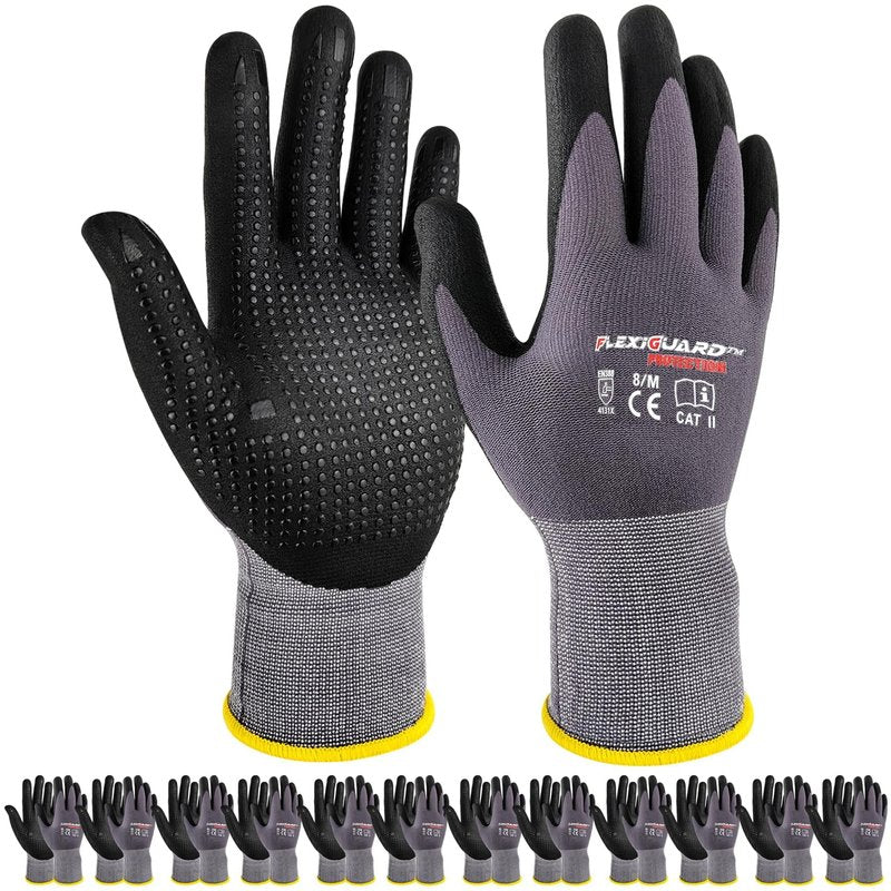 Gasoline Safety Work Gloves Extra Micro-Foam Nitrile Coated-12 Pairs,Endurance Seamless Knit Nylon Spandex,Dots on Palm, Dot Grip Gloves，Work Gloves Men and Women (12, M)