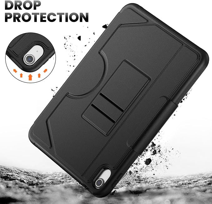 Case for iPad (A16) 11th/10th Generation 11''/10.9'' 2025/2022: Shockproof Protective Case with Hand/Shoulder Strap Pencil Holder Rotate Stand Screen Protector Black
