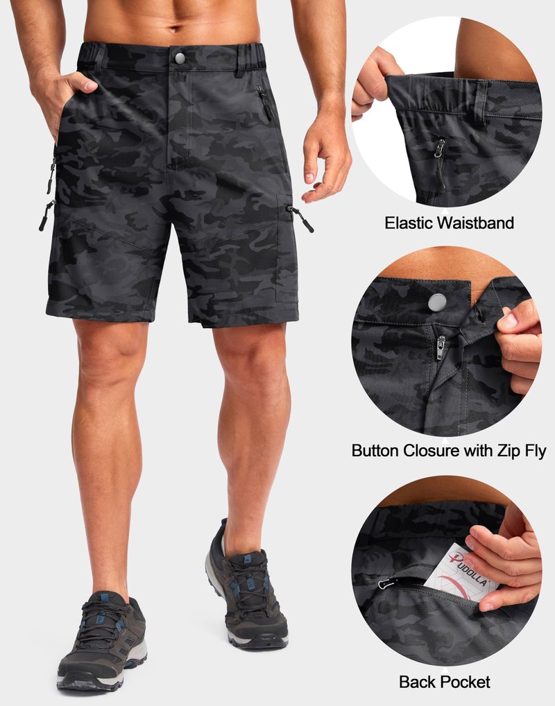 Pudolla Men's Hiking Cargo Shorts Lightweight 7" Travel Casual Shorts for Men Golf Work Outdoor with 5 Zipper Pockets(Black Camo X-Large)