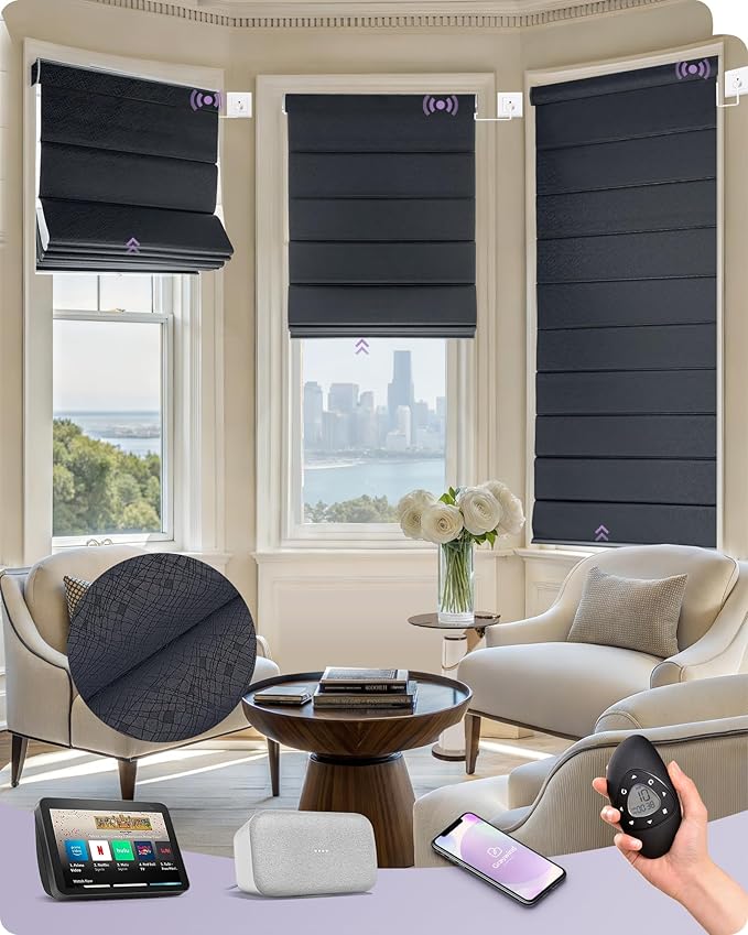 Graywind Smart Roman Shades Compatible with Alexa Google WiFi Hardwired Automatic Blinds with Remote Blackout Plain Fold Soft Roman Window Shades for Windows Doors, Custom Size (Flowline Midnight)