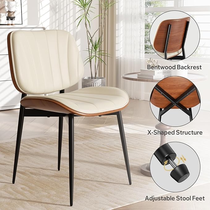Dining Chairs Set of 4, Mid Century Modern Dining Room Chairs, Upholstered Faux Leather Kitchen Chair with Walnut Bentwood Back for Kitchen Dining Room Living Room, Beige