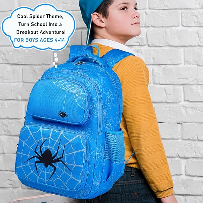 Kids Backpack Boys Spider Backpack with Lunch Box Kindergarten Elementary Middle School Toddler Bookbag for Boys Ages 4-14, Spider-Blue