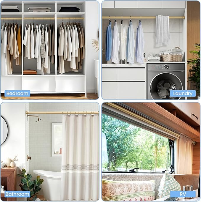 Closet Rods for Hanging Clothes, 17 to 28 Inch Heavy Duty Stepless Adjustable Closet Hanging Rod, 1.3 Inch Diameter Metal Closet Rod for Wardrobes Laundry Bedroom RV, Gold