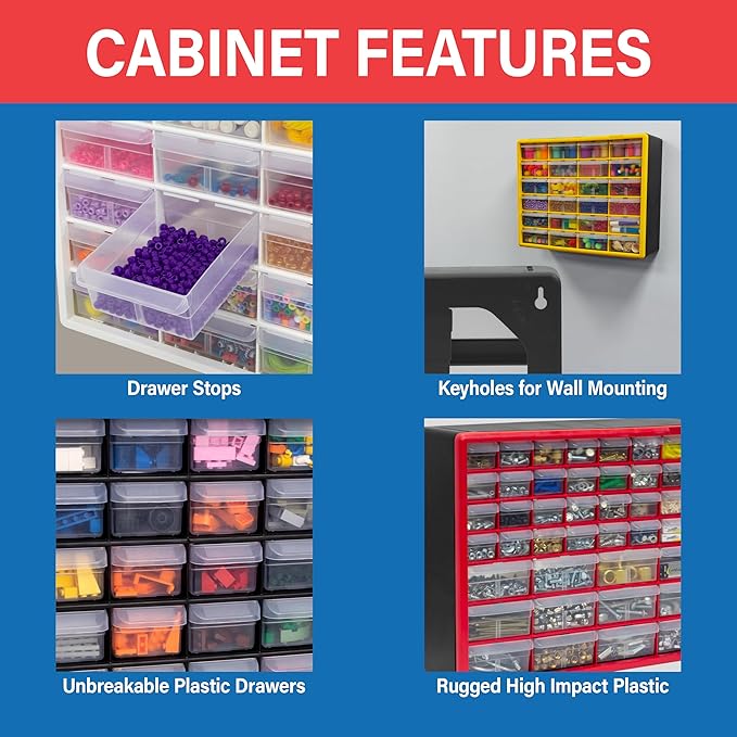Akro-Mils 44-Drawer Plastic Drawer Storage Cabinet for Garage Organization, Bead Organizer, Building Bricks Storage, Teacher Toolbox, Makeup Organizer, 20" W x 6" D x 16" H, 10144 Red