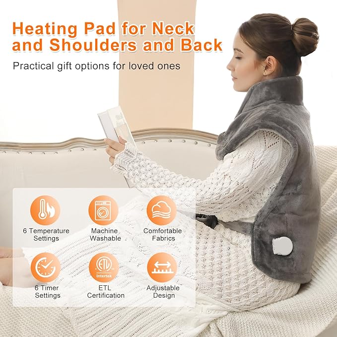 Heating Pad for Back Pain Relief 24'' × 33'' Weighted Heating Pad for Neck and Shoulder Cramps 6 Heat Settings 6 Timers Auto Off Birthday Gifts for Women Men Mom Dad ETL Certified Gray
