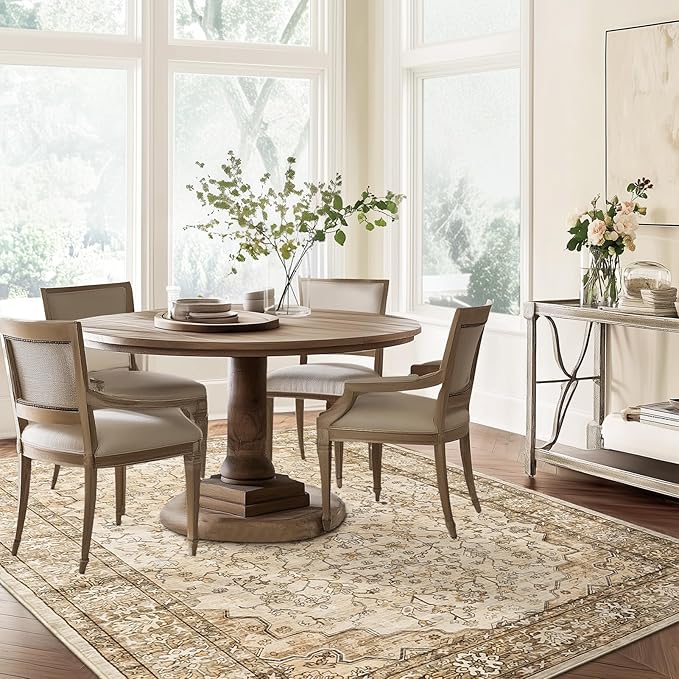 6x9 Area Rugs for Living Room,Machine Washable Low Pile Non Slip Stain Resistant Vintage Euro Floral Boho Desgin Carpet Rug for Bedroom Dining Room Kid's RoomHome Office,Natural Beige