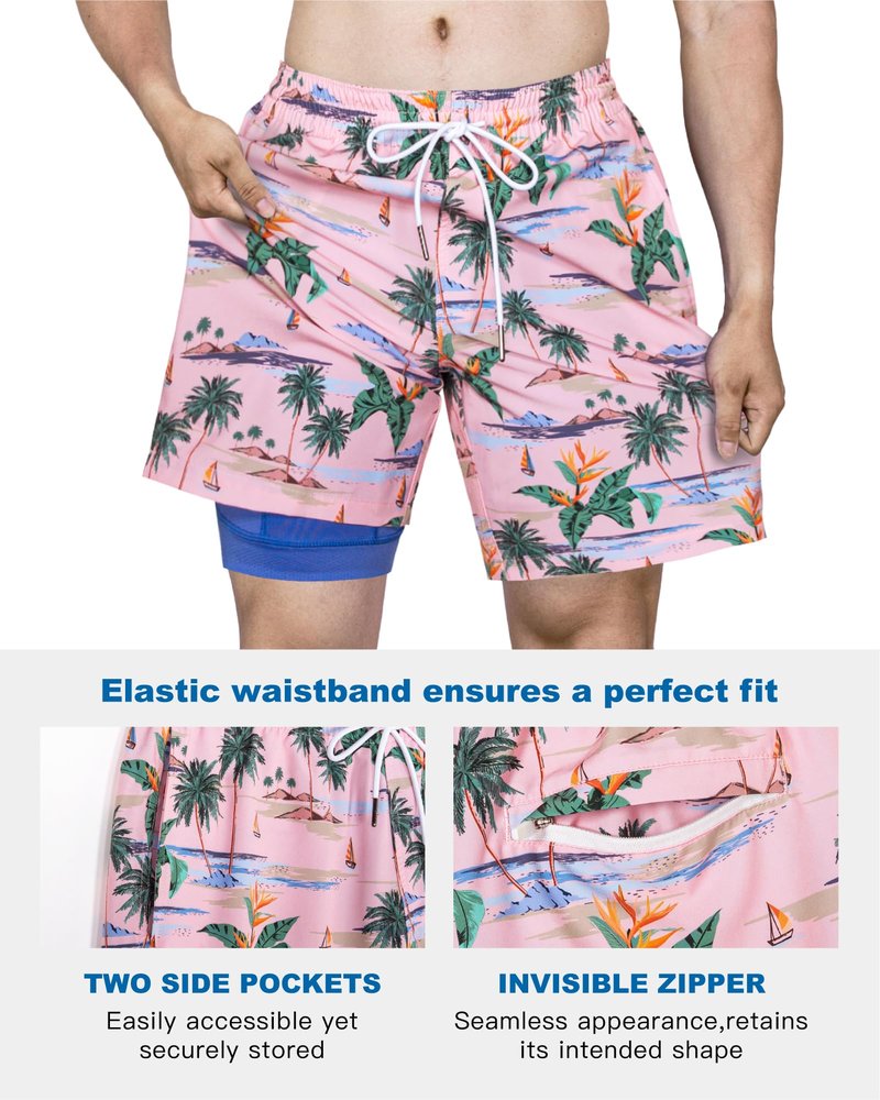 SURF CUZ Mens Swim Trunks with Compression Liner Quick Dry Swim Shorts 7" Swimming Trunks Stretch Bathing Suit 7 Inch,Pink Blue Sea,XS