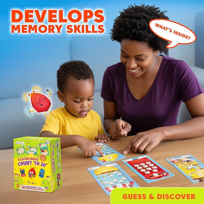 Kidrox Counting Flash Cards Learn to Count 1 to 20, English Number Learning Cards with Spanish Translations Included, Hook & Loop Fasteners