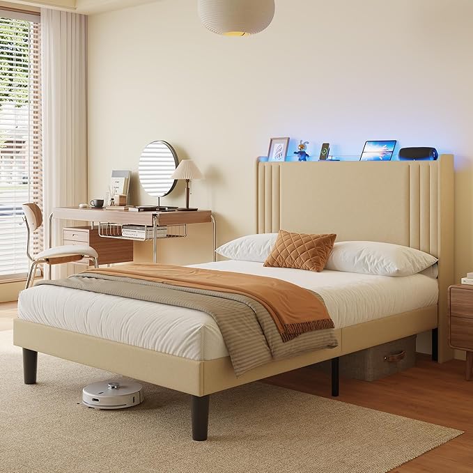 Gizoon Full Bed Frame with Charging Station and LED Lights,Upholstered Wingback Platform Bed with Wooden Slats,Noise-Free,No Box Spring Needed