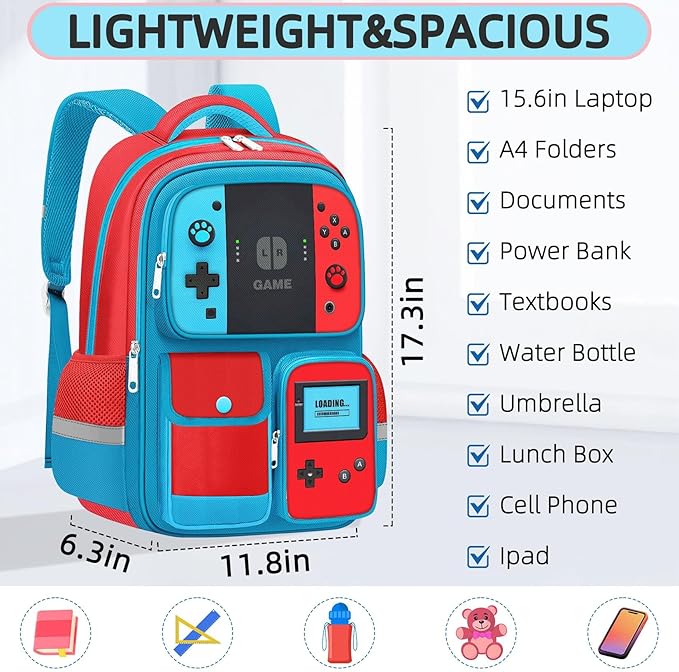 School Backpack for Boys - Gamer Boys Backpack for Kids Children Elementary Middle School - Students Bag for Ages 6-18,17″ Video Game Bookbag Travel Back Pack