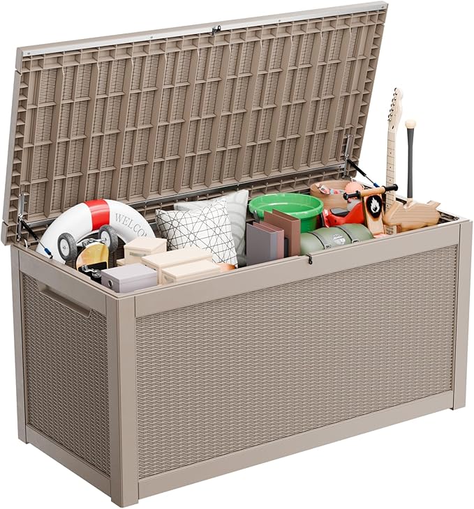 260 Gallon Waterproof Outdoor Storage Box,Large Resin Deck Box,Lockable Outside Storage Box Container for Patio Furniure,Garden,Tools (260 Gallon,Grey)