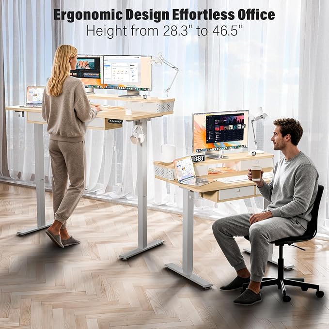 Electric Standing Desk with 4 Drawers 55''x 24'' Adjustable Height Sit to Stand Up Desk with Storage Shelf, C-Clamp Mount Compatible Black Home Office Desks Computer Gaming Table Ergonomic Workstation
