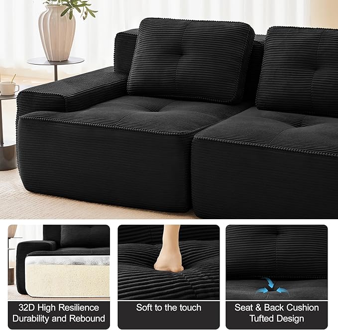 115.3'' Sectional Sofa, 32D Foam Corduroy Boneless Couch with Pillow, Deep Seat Wide Arm Sectional U Shaped Couch for Living Room, Apartment, Bedroom