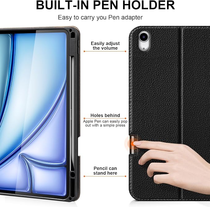 Leather Case for iPad Air 13 Inch M4/M3/M2 (2026/2025/2024) | Leather Protective Shockproof Smart CoverApple Pencil HolderAdjustable Stand - Auto Wake/SleepMultiple View AnglesBlack