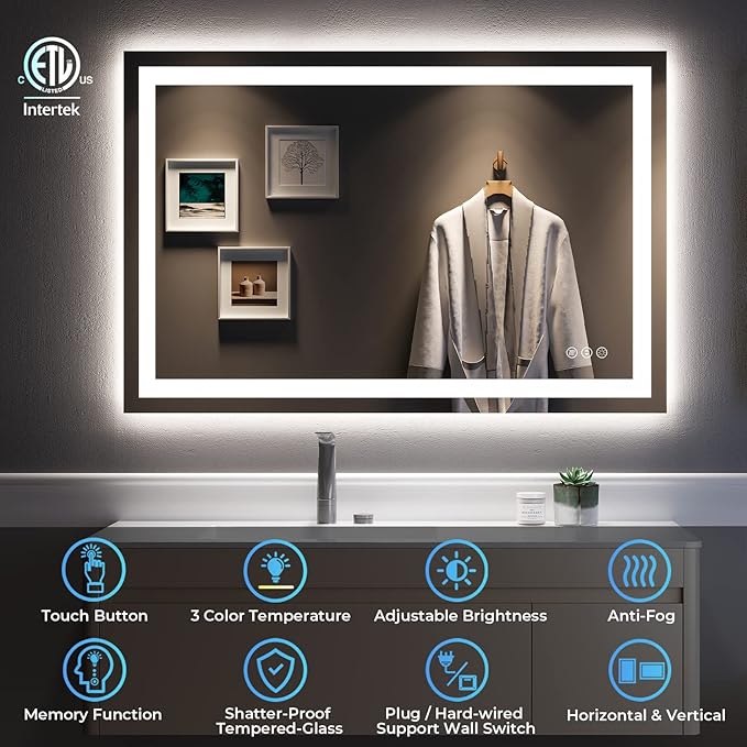 YEELAIT 48x32 Inch LED Bathroom Mirror with Lights Front and Backlit Lighted Vanity Mirror for Bathroom Wall with 3 Colors Dimmable Anti-Fog Memory Shatter-Proof IP54 Waterproof Horizontal/Vertical