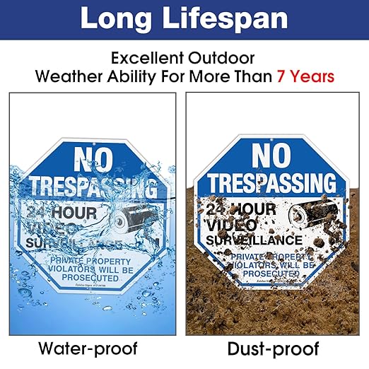 2-Pack No Trespassing Sign Private Property Protected By Video Surveillance Violators Will Be Prosecuted Sign, 12 x 12 Inch Reflective Aluminum, UV Protected, Weather/Fade Resistant, Easy to Install