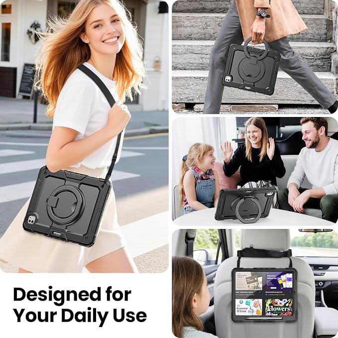 for iPad Pro 11 inch Protective Case M5 2025/M4 2024: Heavy Duty Shockproof Case with Pencil Holder - 360°Rotating Handle/Stand - Screen Protector - Shoulder Strap Black/Sky Blue