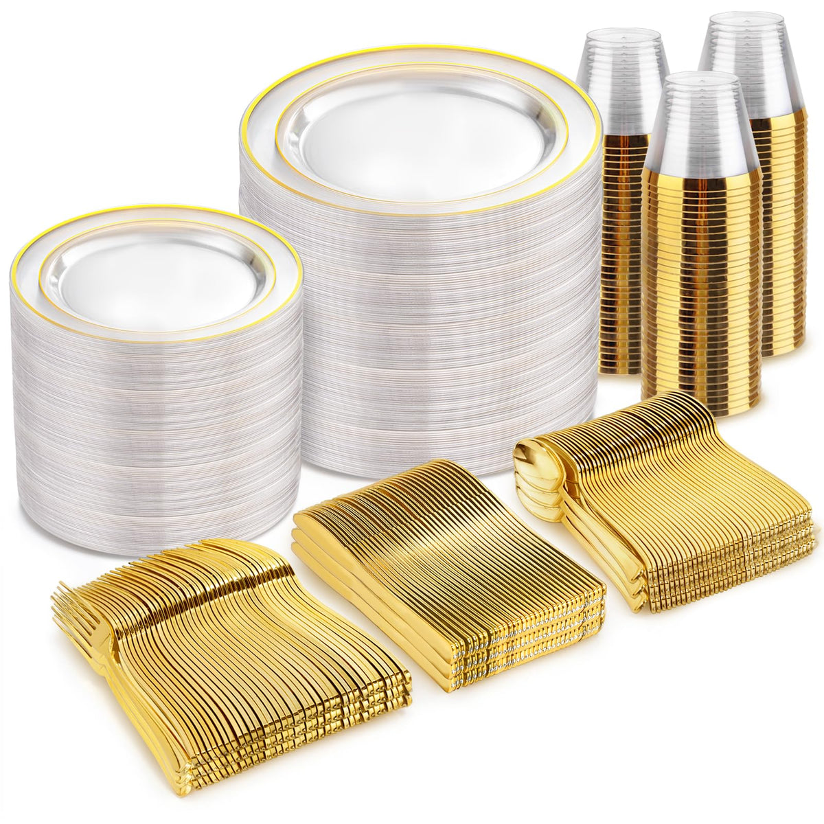 bUCLA 600PCS Clear Rose Gold Plastic Dinnerware Set Disposable - Include 100 Dinner Plates, 100 Dessert Plates, 100 Knives, 100 Forks, 100 Spoons, 100 Cups for Party & Wedding