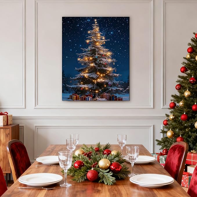 Framed Christmas Pictures Wall Decor,Vintage Pine Tree Prints,Winter Christmas Canvas Wall Art Decoration for Bedroom Bathroom Living Room Rustic Xmas Holiday Gifts (Christmas Tree 13, 16'' X 24'')