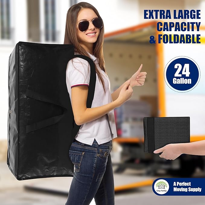 Cosy Family 8 Pack Heavy Duty Extra Large Moving Bags with Backpack Straps - Strong Handles & Zippers, Storage Totes For Space Saving, Fold Flat, Alternative to Moving Box (Set of 8, Black)
