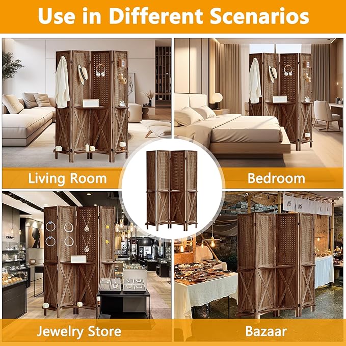Aleesing 4 Panel Pegboard Display with 16 Hooks, Wooden Pegboard Room Divider Wall with Shelf, Partition Room Dividers and Folding Privacy Screens, Bedroom, Jewelry Store, Brown