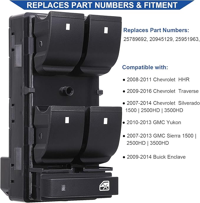 Obaee Driver Side Power Master Window Switch, Compatible with Chevy Silverado/Chevrolet Traverse/HHR/2007-2013 GMC Sierra/Yukon/Buick Enclave Replace OE 20945129 25789692
