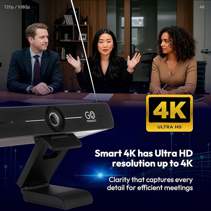 GoPresence Smart 4K Compact Video Conference Camera – Ultra HD 120° Wide Lens, AI Auto-Framing, Noise-Cancelling Mics, 20ft Pickup, Plug-and-Play USB for All Video Conference Platforms – Small Rooms
