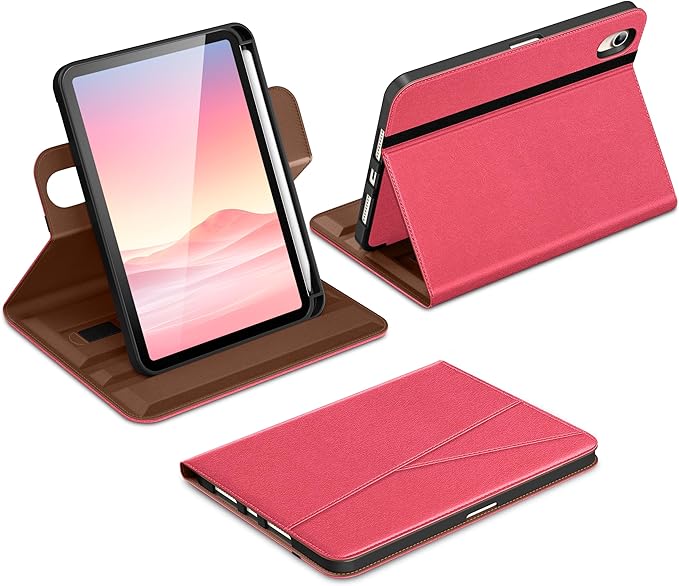 DTTO for iPad mini 7 A17 Pro 2024 aslo fit iPad mini 6 2021 Brown | 360 Degree Rotating Premium Faux Leather Folio Stand Cover with Pencil Holder Auto Sleep/Wake Multiple Angles Hand Strap