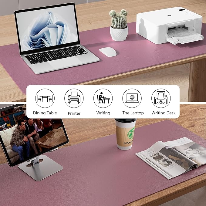 Aothia Leather Office Desk Mouse Pad Protector, Non-Slip PU Leather Laptop Desk Blotter/Mat, Waterproof Writing Pad for Office and Home, Dark Pink, 23.6" x 13.7"
