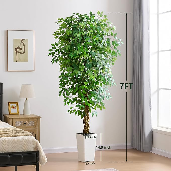 Artificial Ficus Tree 7FT Faux Floor Tree with Planter UV Resistant Potted Fake Silk Plant - Faux Trees Indoor Outdoor Lifelike Fake Ficus Tree for Home, Living Room Bedroom Topiary Tree