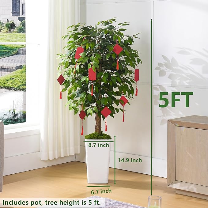 Artificial Ficus Tree 5FT Faux Floor Tree with Planter UV Resistant Potted Fake Silk Plant - Faux Trees Indoor Outdoor Lifelike Fake Ficus Tree for Home, Living Room Bedroom Topiary Tree
