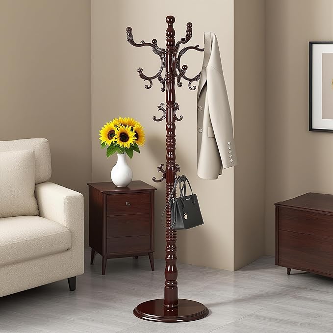 73”Vintage Wooden Coat Rack Freestanding With 14 Hooks and Sturdy Round Base。3-level Adjustable Vintage Wooden Coat Rack.Coat Rack Stand for Living Room Bedroom Office