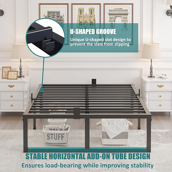 18 Inch Queen Bed Frame,3500 lbs Heavy Duty Metal Platform, Steel Slats Support/No Box Spring Needed/Noise Free/Non-Slip/Easy Assembly