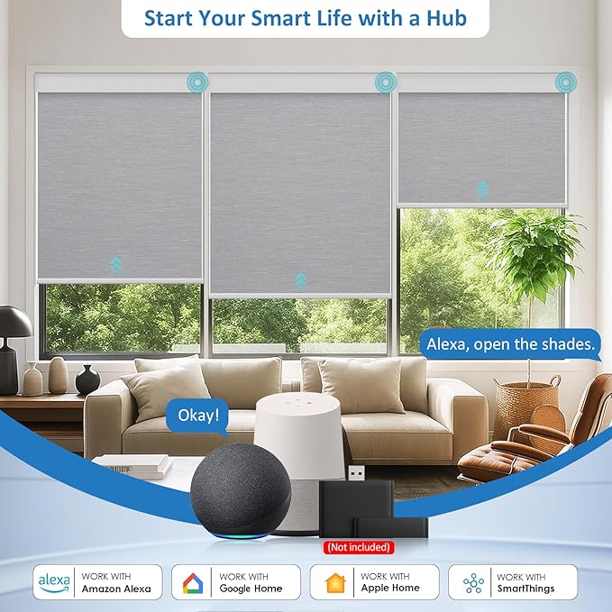 MANSNIX Smart Motorized Blinds with Remote, Cordless No-Drill Automatic Roller Shades, Blackout Electric Blind for Windows, Grey, 33 x 72