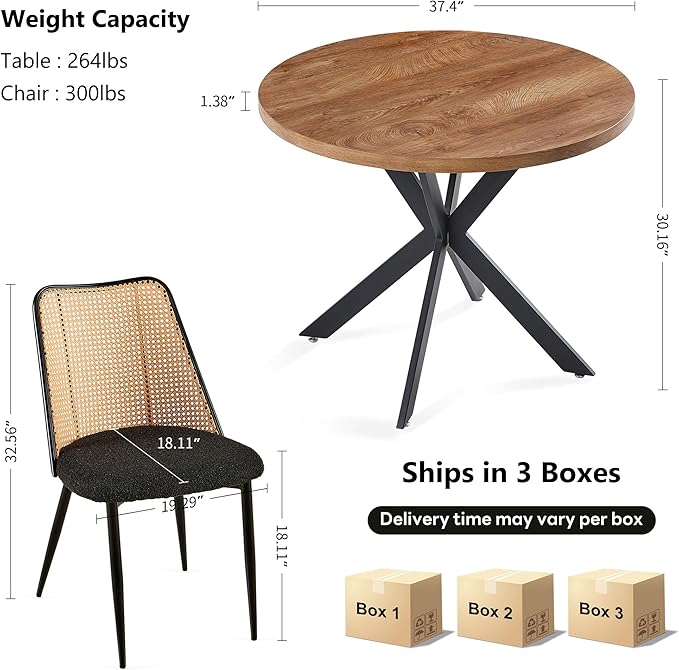 NORDICANA 3-Piece Wooden Dining Set, Space-Saving Round Table & Chair Set for Kitchen, Breakfast Nook, Rattan Wicker Dining Chairs with Boucle Seats - Black