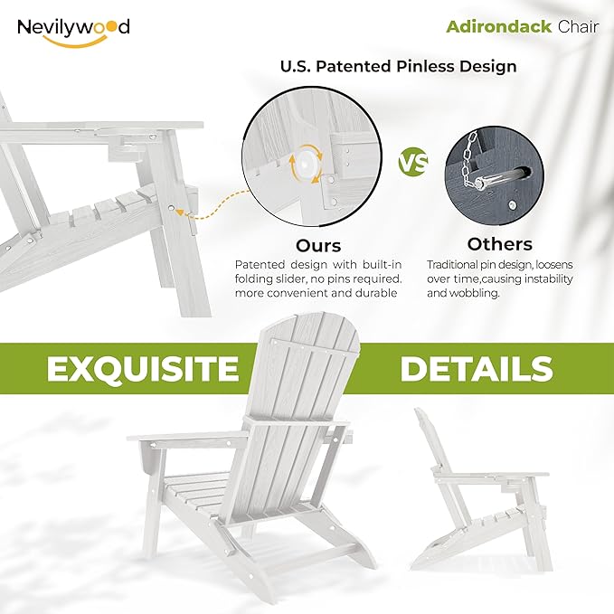 nevilywood Folding Adirondack Chair - Extended Ergonomic Backrest, Cup Holder - Easy Assembly - Durable HDPE Plastic, Weather Resistant & Maintenance-Free - Lawn, Patio, Deck Supports 380lbs White