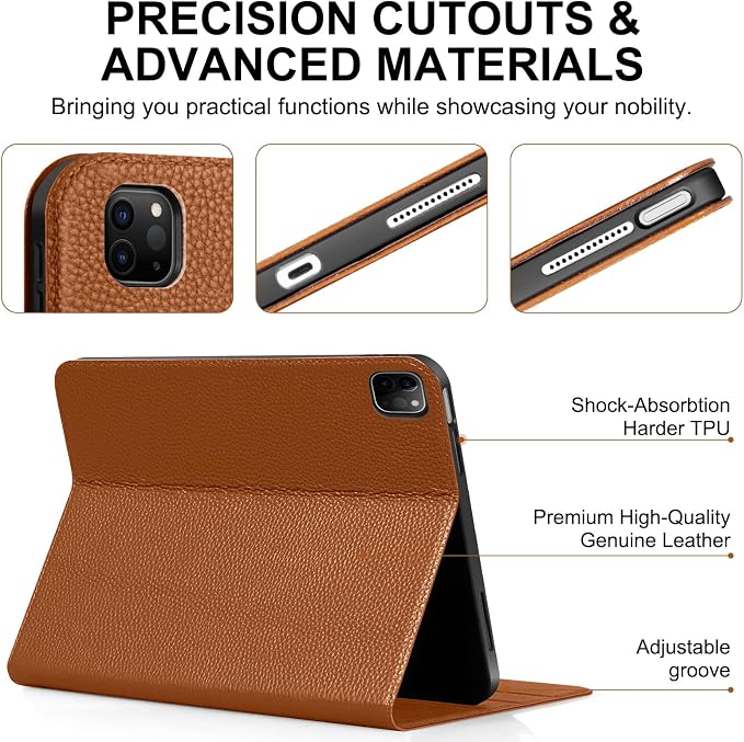 Genuine Leather Case for iPad 11th Gen 11/10th Gen 10.9 Black | Pencil Holder Adjustable Stand Auto Wake/Sleep Shockproof