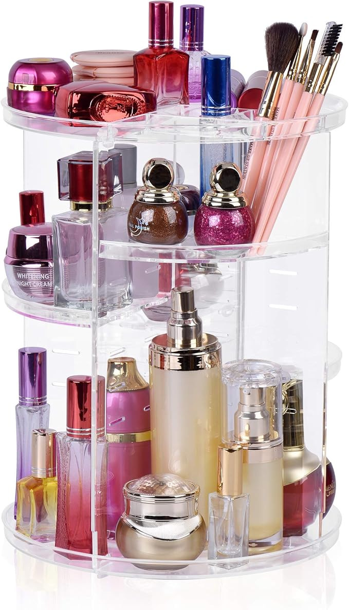 360 Rotating Makeup Organizer, DIY 8 Adjustable Layers Spinning Skincare Organizer, Cosmetic Holder Shelf, Make Up Organizers and Storage for Vanity Bathroom Countertop (Clear-A)