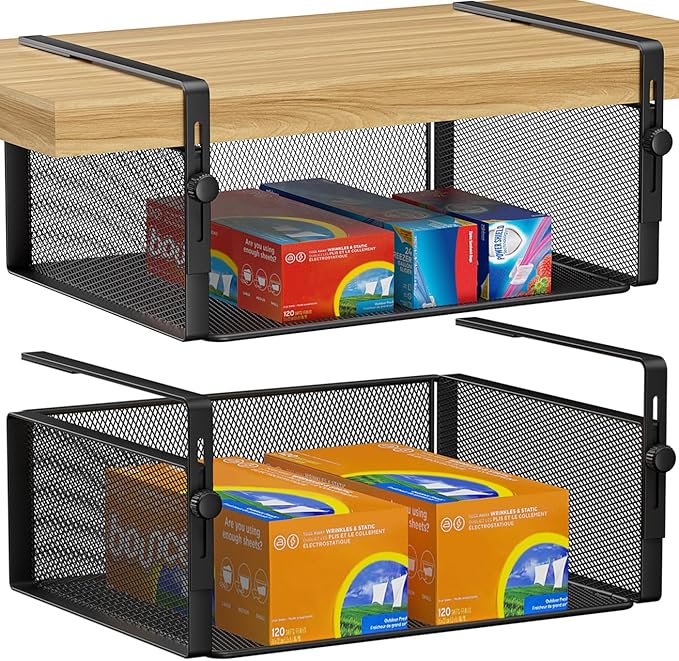 AmonHouseware 2Pack Under Shelf Basket Organizer,Adjustable Hanging Holder for Cabinet Pantry Kitchen Cupboard Desk Counter Bookshelf Organization Add-on Space Saver Heavy Duty Slide-in (Black, Large)