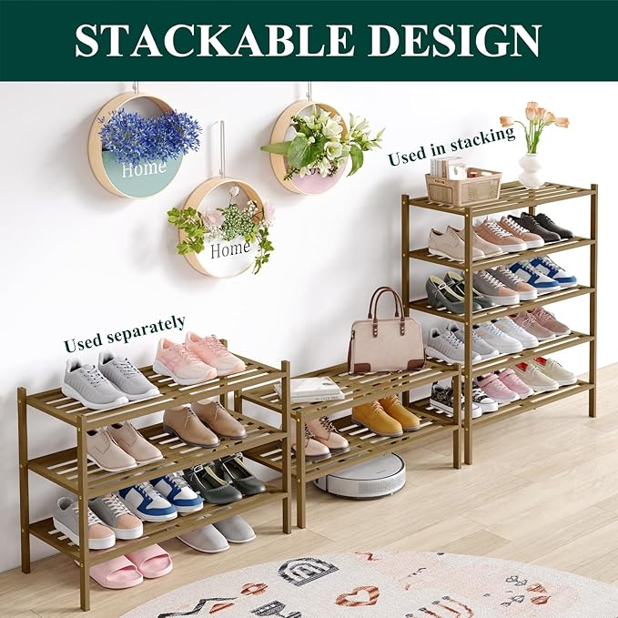 Smiry Bamboo Shoe Rack 3-Tier, Stackable Wooden Shoe Organizer for Entryway & Closet, Free Standing Wood Shoe Storage Shelf for Front Door & Small Spaces, Walnut