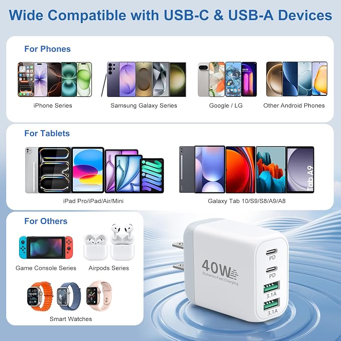 USB C Charging Blocks Costyle Multi USBC Wall Fast Charger Plug Adapter PD/PPS 25W Super Fast Type C Charging Block for Samsung S26 Ultra S25 S24 A16 A17 iPhone 17 16e 15 Pro Max+3 Pack USB-C Cable
