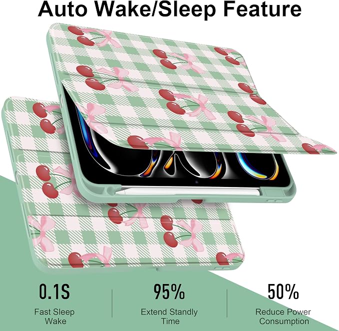 DONGKE for iPad Pro 11-Inch Case (M5 2025 / M4 2024) 6th/5th Generation [Auto Sleep/Wake &amp Pencil Pro Holder] Clear Acrylic Back Smart Trifold Stand Cover Bear &amp Cherry