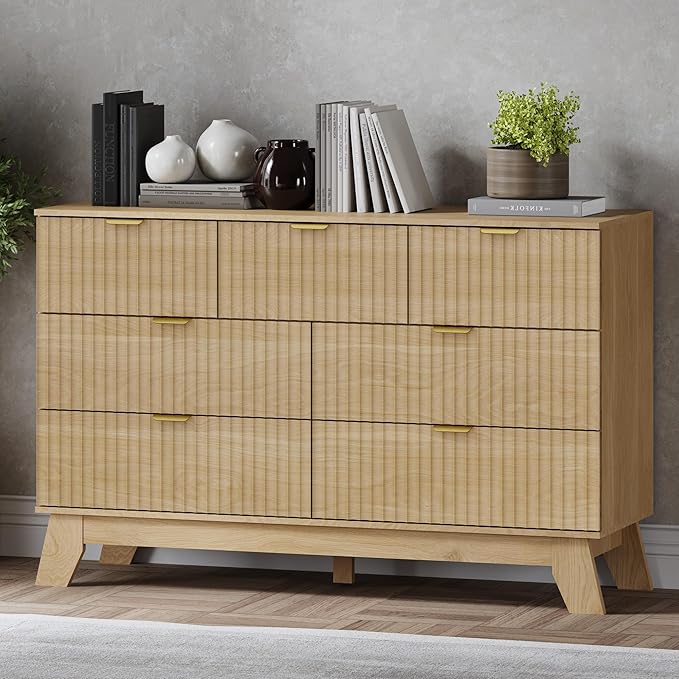 Fluted 7 Drawer Dresser, 47.2" Wide Modern Boho Chest of Drawers, Wooden Storage Dresser TV Stand for Bedroom, Living Room, Closet, Hallway, Curved Profile Design