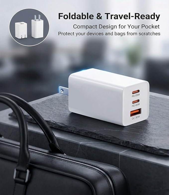 65W USB C Laptop Charger 3-Port PD Wall Charger Block with 3 Cables (2x1.2m+1x0.6m) Foldable Travel Adapter for Phone Tablet Compatible with MacBook - Blue