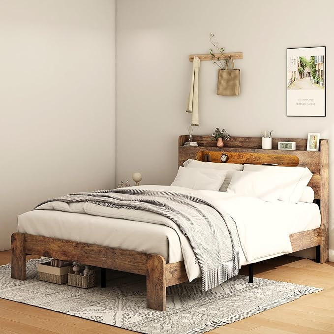 Wooden Queen Size Bed Frame with Storage Headboard, Farmhouse Platform Bedframe with Charging Station & Led Lights, Sturdy Wood Slat Framework, Easy Assembly (Rustic Brown Led)